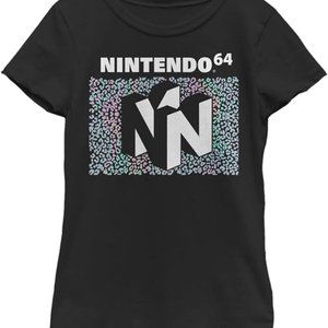 NINTENDO Girls T-Shirt BLACK Large 10/12 Classic N 64 Cheetah Print Logo Tee NEW